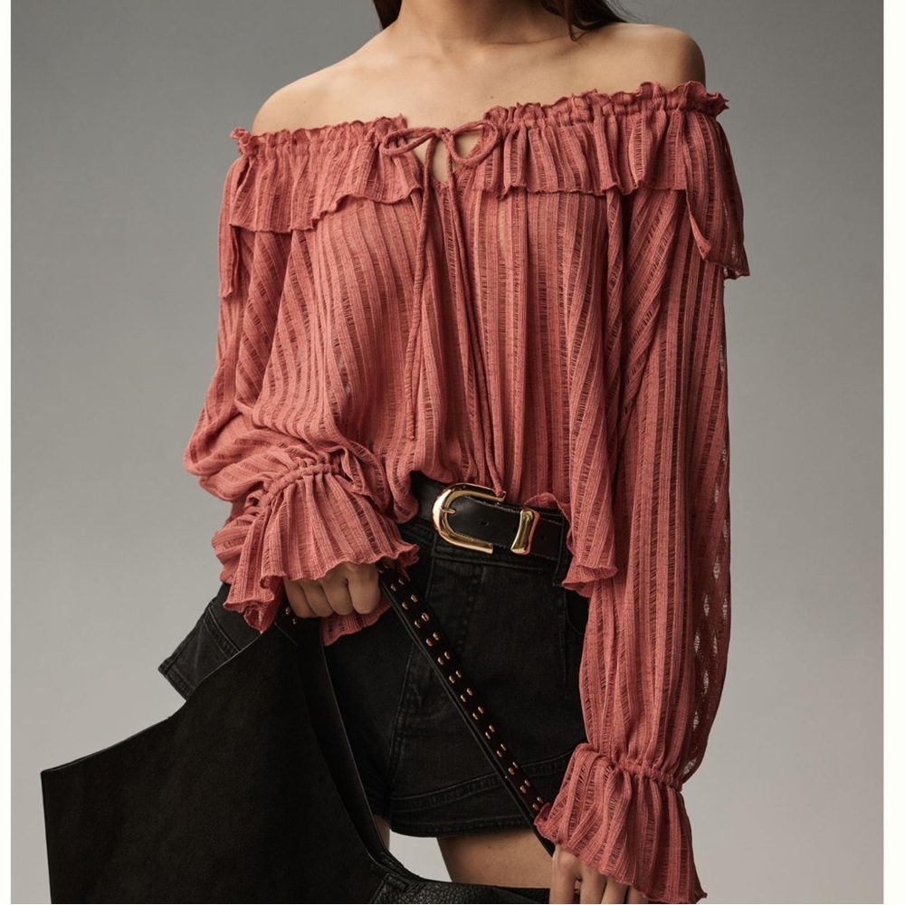 By Anthropologie Long Sleeve Sheer Striped Crop Blouse